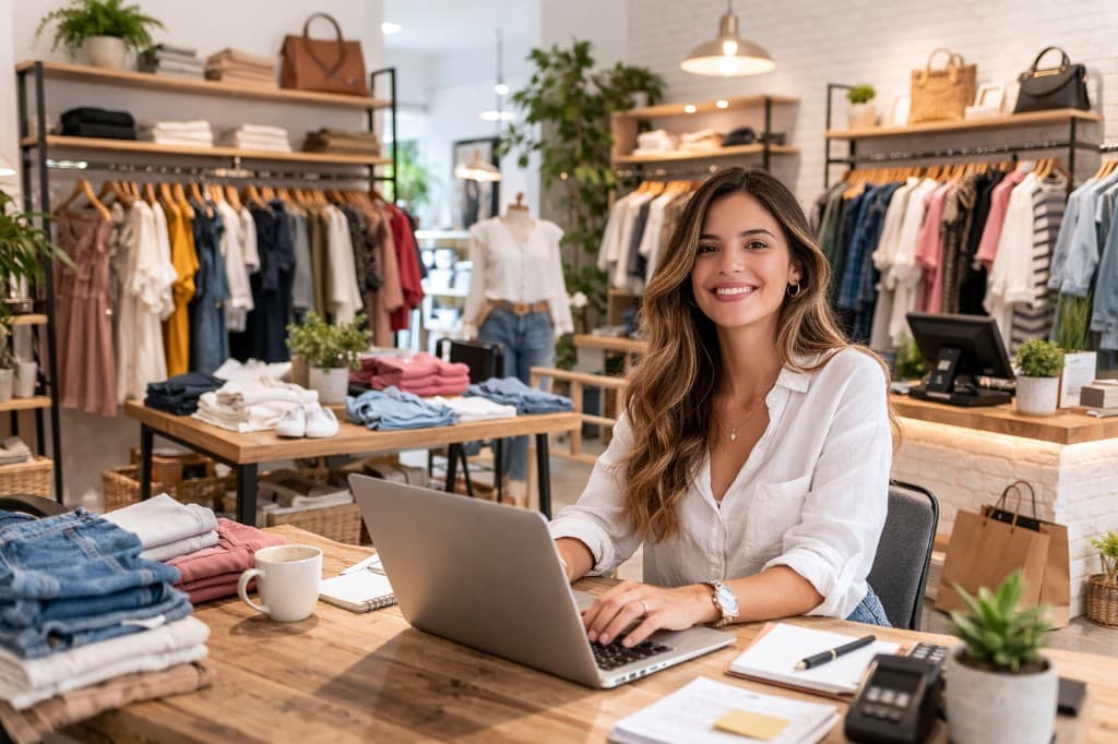 Emprendedora gestionando su local de indumentaria con herramientas digitales